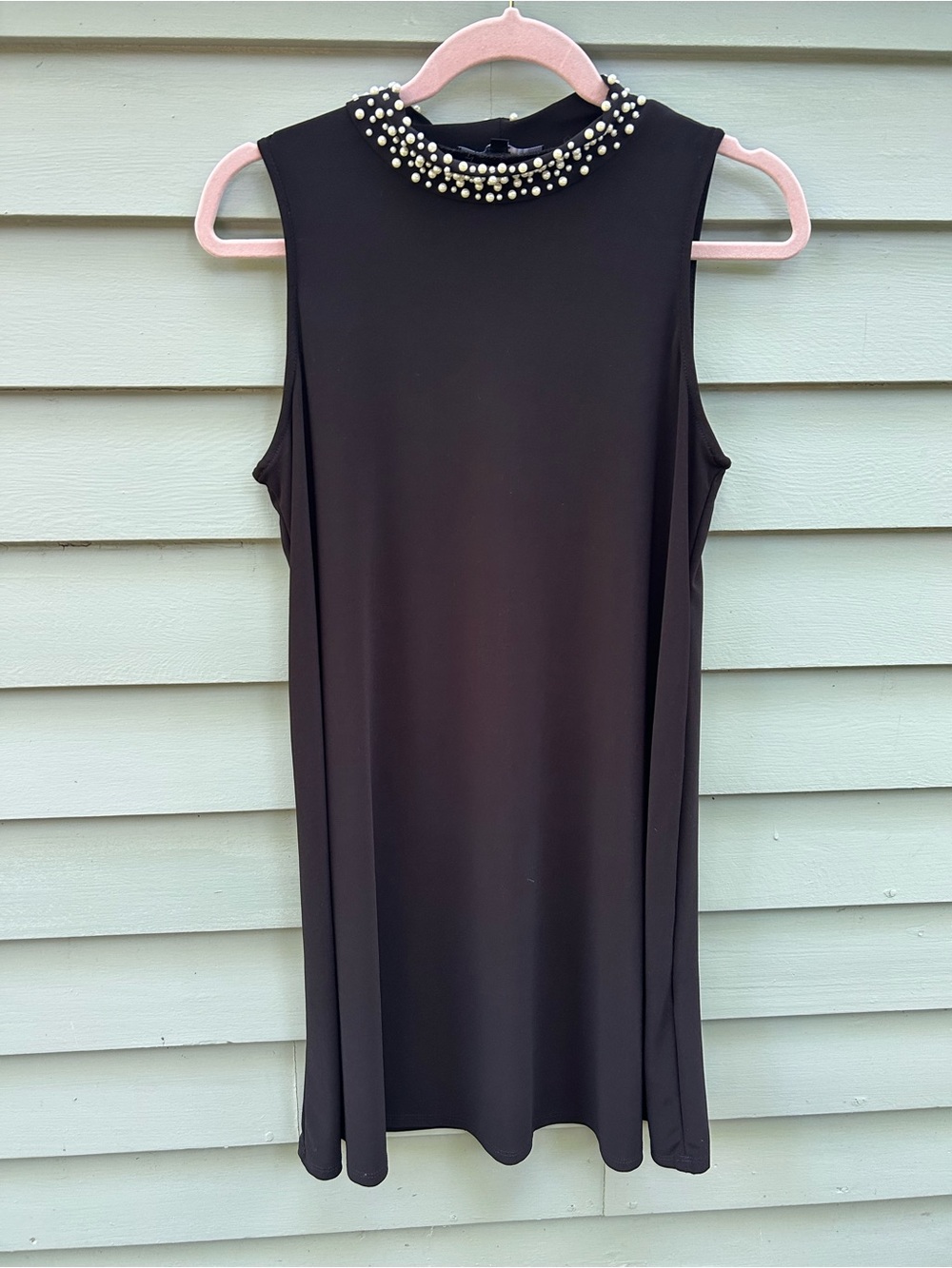 Pearl-Embellished Black Mini Dress